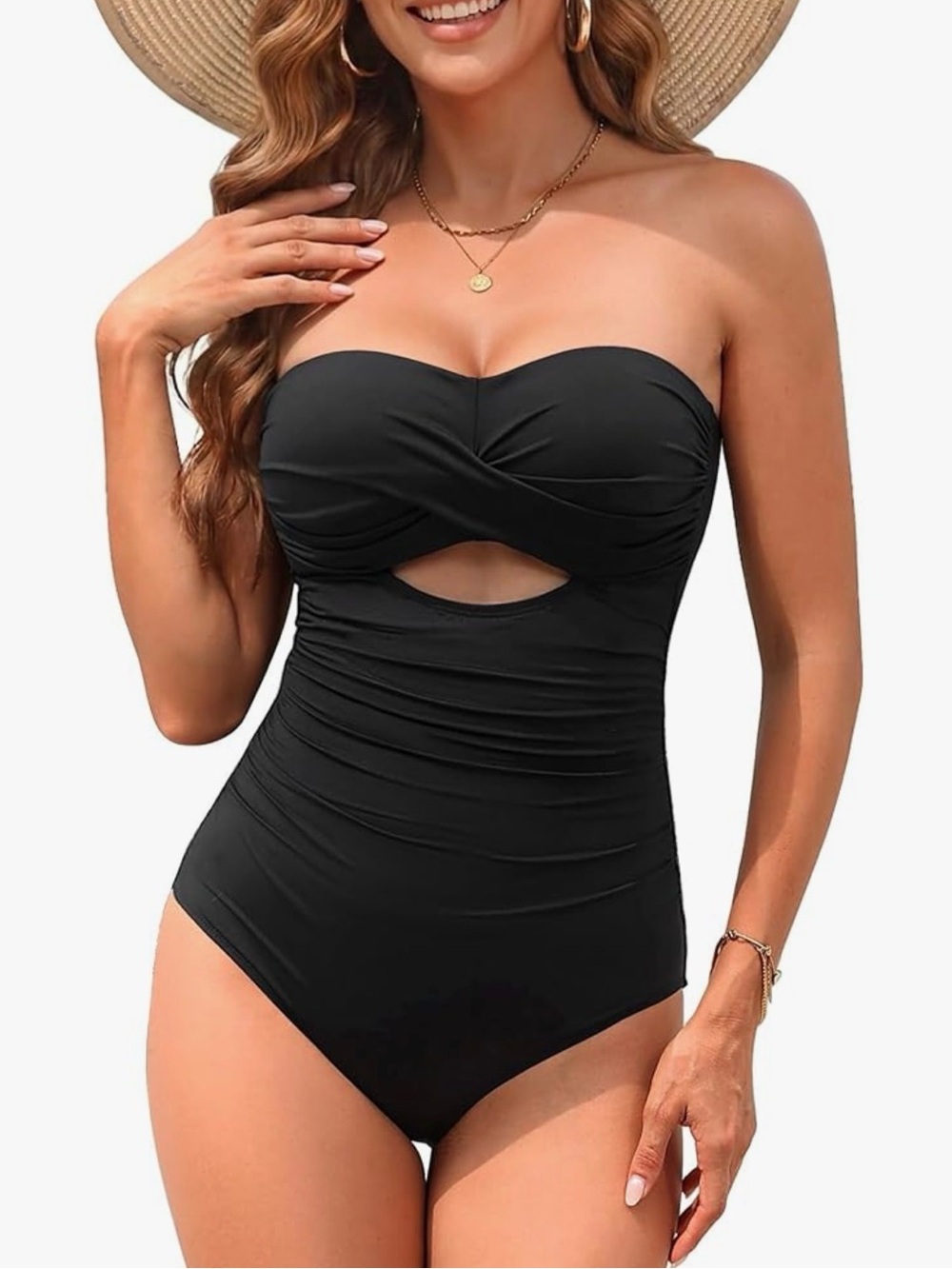Womens Strapless Bandeau One Piece Swimsuit Tummy Control Cutout Swimwear